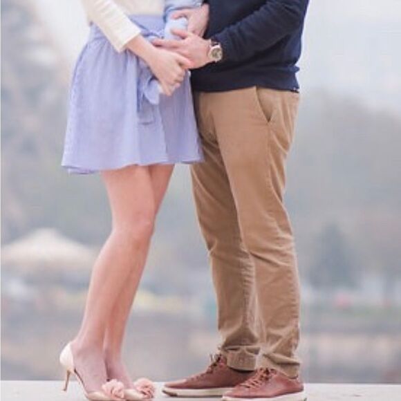 Blue and White Striped A-Line Skirt with Bow at Waist - Picture 1 of 6